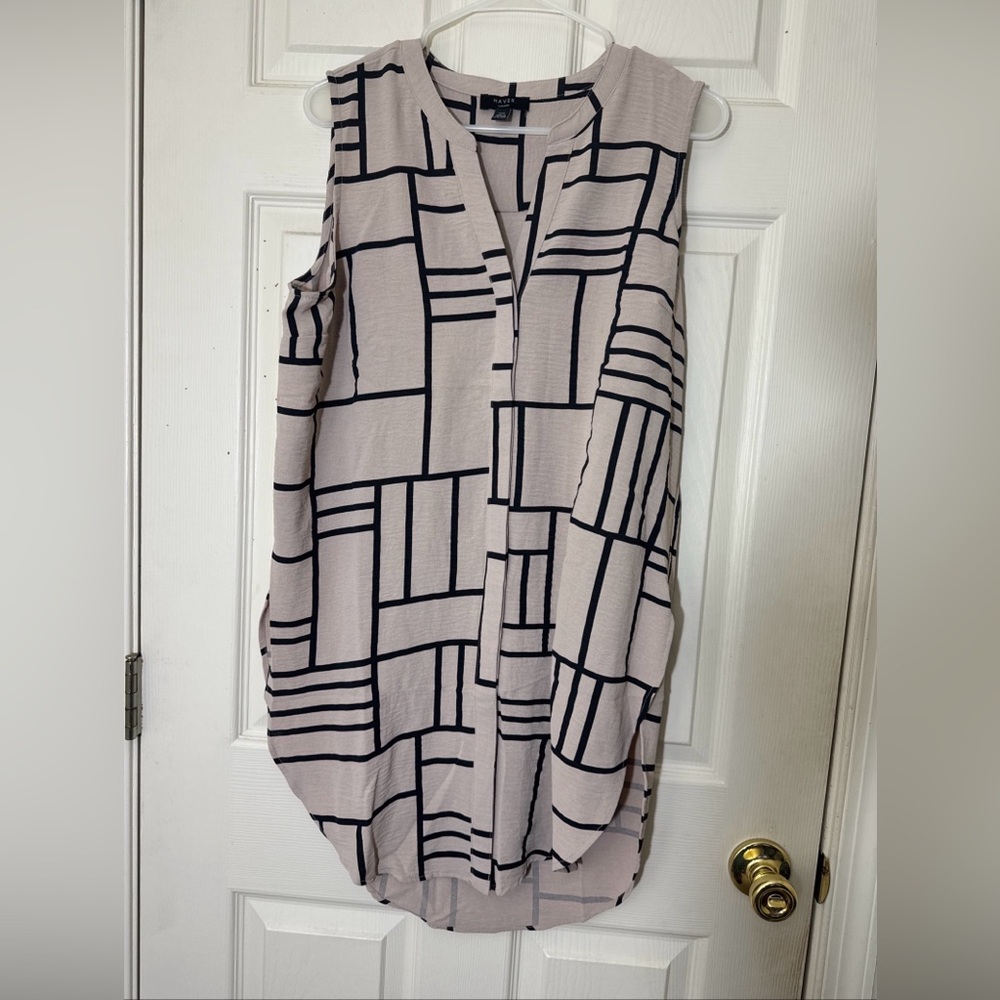 Haver London Women's Abstract Print Beige Dress Size Medium Button Down SunDress